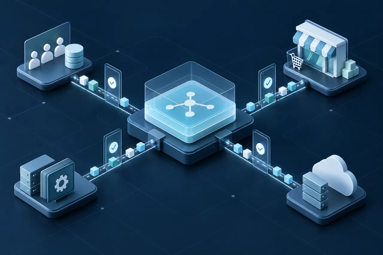 API- und Schnittstellenentwicklung für zuverlässigen Datenaustausch Zentrale API verbindet CRM, Onlineshop, interne Software und Cloud-Dienste über geprüfte Datenwege