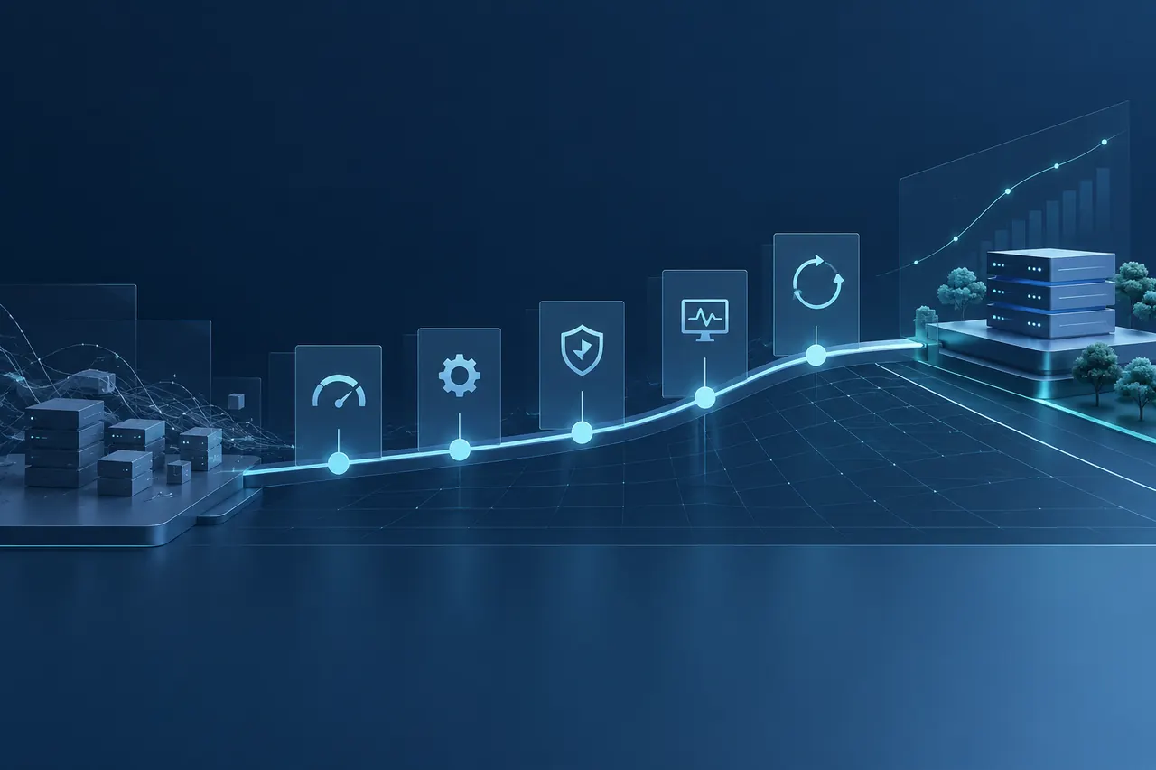 Technische Website-Optimierung mit ansteigender Performance-Kurve, Sicherheitsprüfung und stabiler Server-Infrastruktur